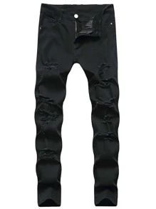 Manfinity Hombres Jeans rotos con bolsillo oblicuo - Negro - Ver 1