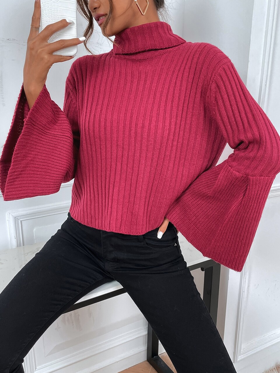 Turtleneck Flounce Sleeve Sweater