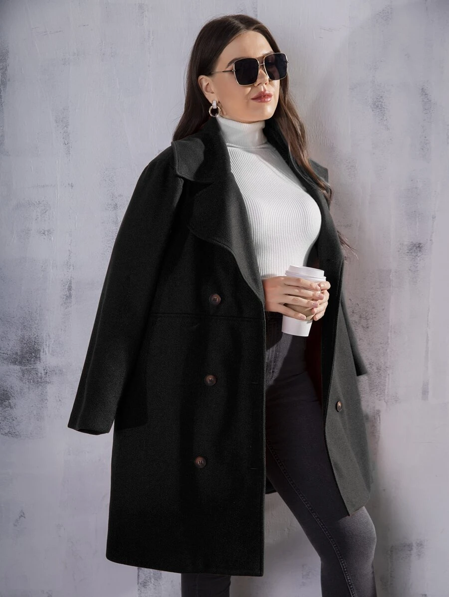 Mulvari Plus Solid Double Breasted Lapel Collar Overcoat - Black - View 1