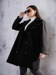 Mulvari Plus Solid Double Breasted Lapel Collar Overcoat - Black - View 3