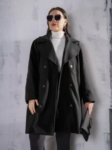 Mulvari Plus Solid Double Breasted Lapel Collar Overcoat - Black - View 4