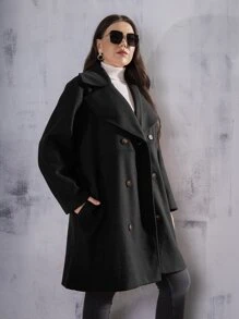 Mulvari Plus Solid Double Breasted Lapel Collar Overcoat - Black - View 5
