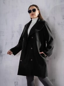 Mulvari Plus Solid Double Breasted Lapel Collar Overcoat - Black - View 6