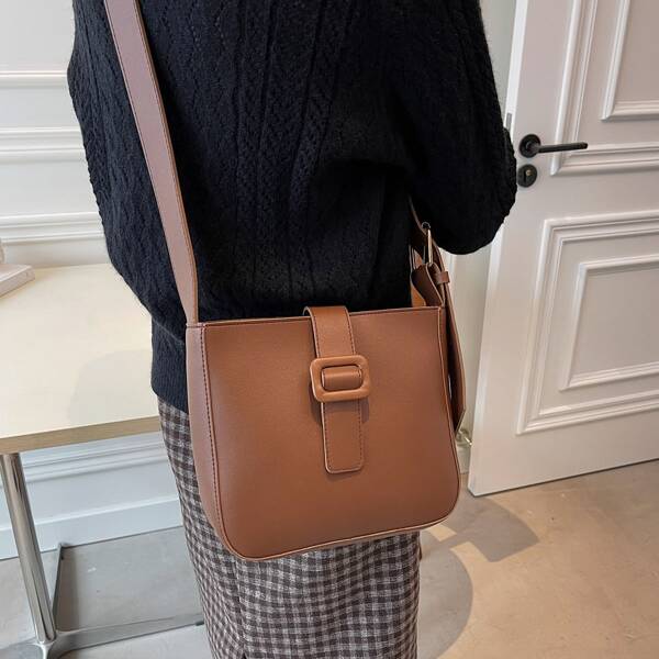 

Minimalist Buckle Decor Bucket Bag, Coffee brown