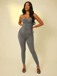 SHEIN SXY Lace Up Side Ruched Unitard Tube Jumpsuit - Grey - View 1