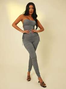 SHEIN SXY Lace Up Side Ruched Unitard Tube Jumpsuit - Grey - View 3
