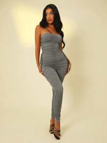 SHEIN SXY Lace Up Side Ruched Unitard Tube Jumpsuit - Grey - View 4