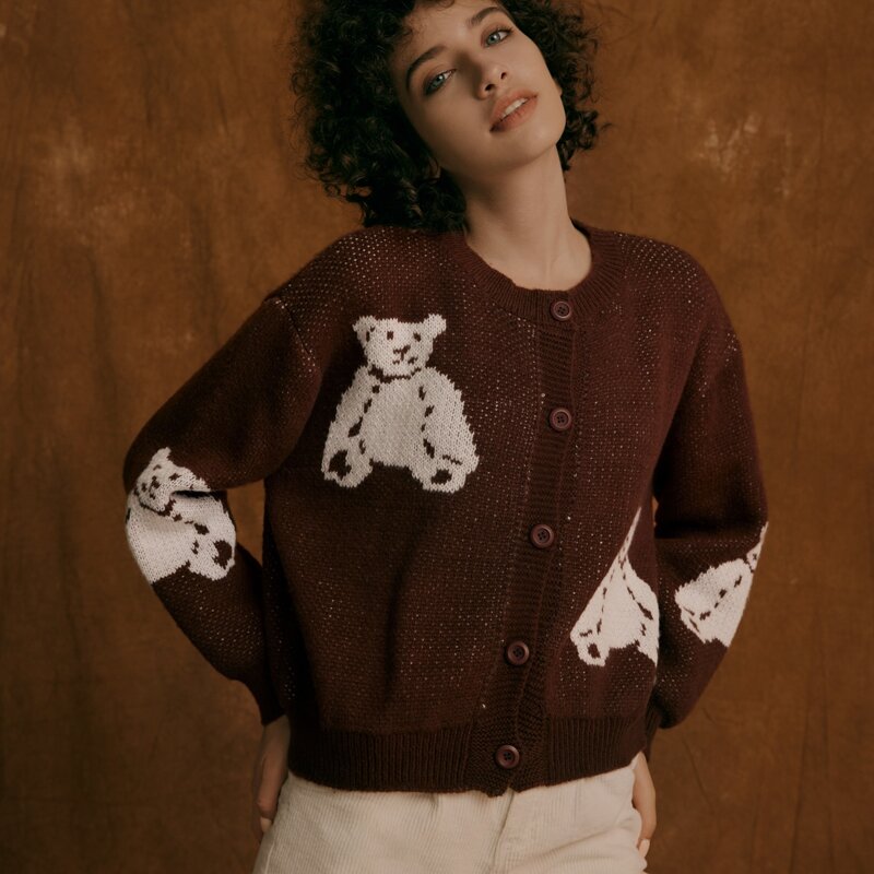 

Cartoon Bear Pattern Button Front Cardigan, Coffee brown