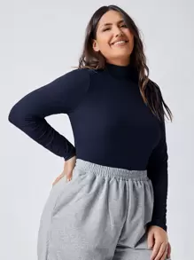 SHEIN BASICS Plus High Neck Form Fitted Tee - Navy Blue - View 1