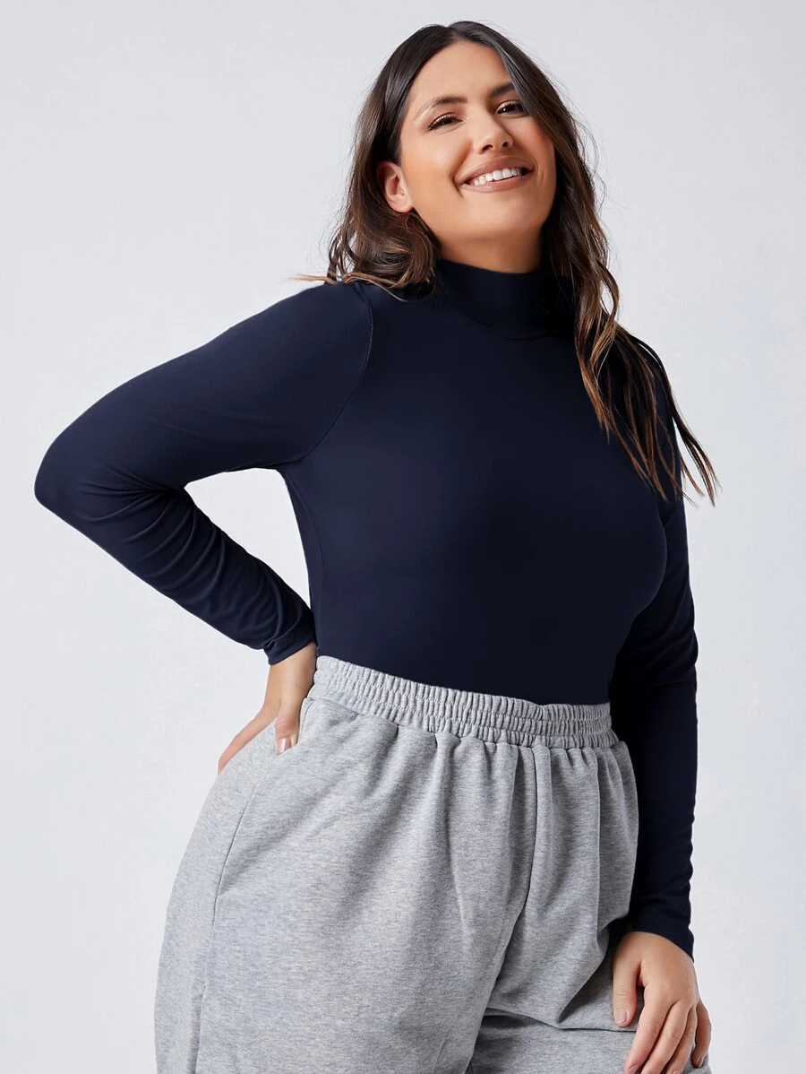 SHEIN BASICS Plus High Neck Form Fitted Tee - Navy Blue - View 1