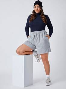 SHEIN BASICS Plus High Neck Form Fitted Tee - Navy Blue - View 3