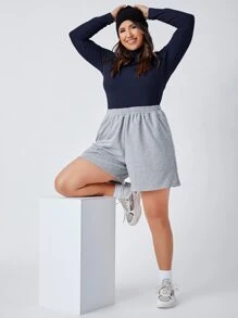 SHEIN BASICS Plus High Neck Form Fitted Tee - Navy Blue - View 4