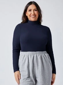 SHEIN BASICS Plus High Neck Form Fitted Tee - Navy Blue - View 5