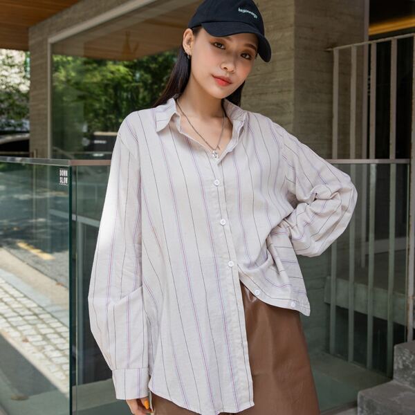 

Striped Patched Detail Slit Back Drop Shoulder Blouse, Beige