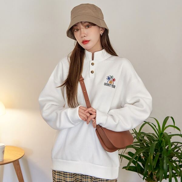 

Letter & Palm Tree Embroidery Drop Shoulder Pullover, White