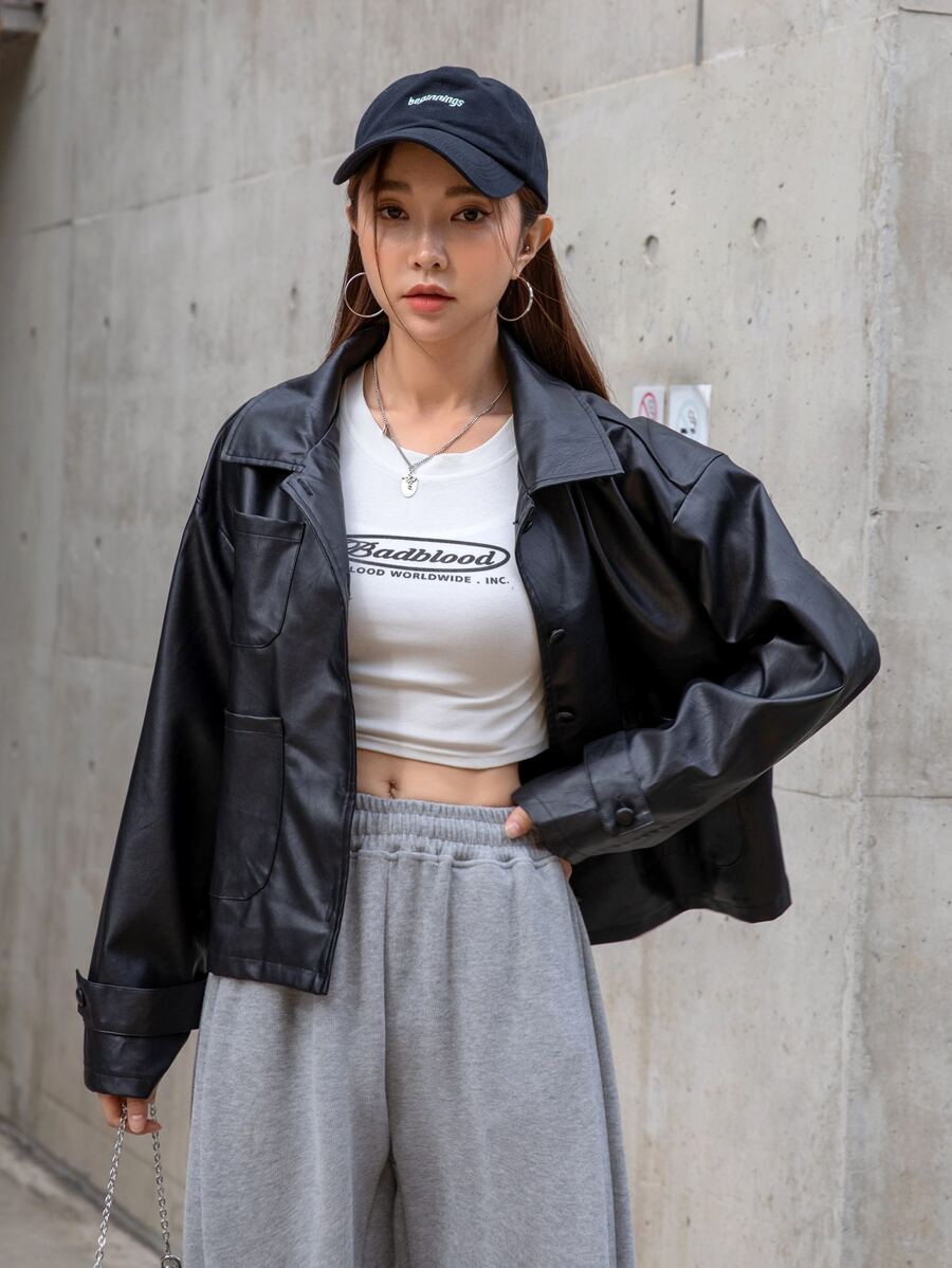 DAZY Pocket Front Drop Shoulder PU Leather Jacket - Black - View 1