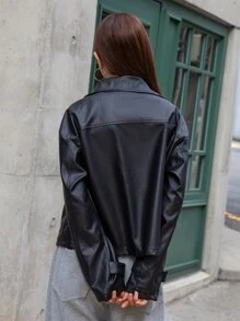 DAZY Pocket Front Drop Shoulder PU Leather Jacket - Black - View 2