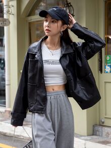 DAZY Pocket Front Drop Shoulder PU Leather Jacket - Black - View 3