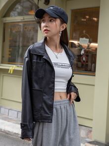 DAZY Pocket Front Drop Shoulder PU Leather Jacket - Black - View 5