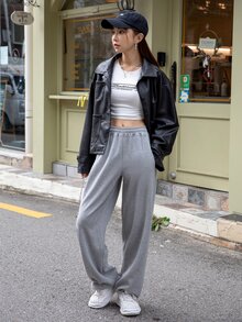 DAZY Pocket Front Drop Shoulder PU Leather Jacket - Black - View 7