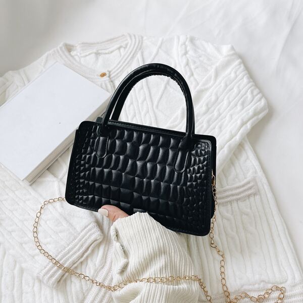 

Textured Double Handle Square Bag, Black