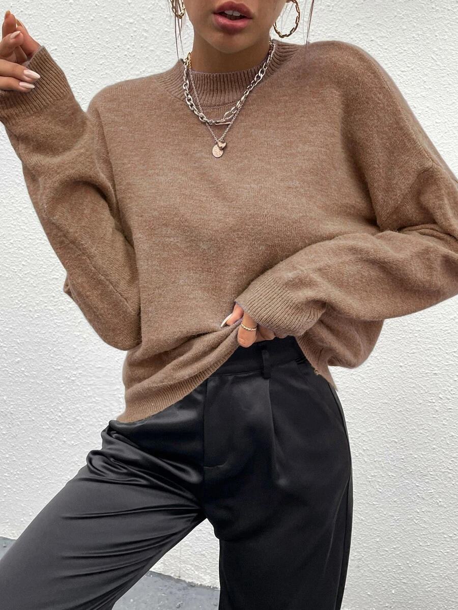 SHEIN Unity Áo len nữ màu trơn Giải trí - Màu Khaki - Xem 1