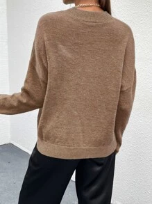 SHEIN Unity Áo len nữ màu trơn Giải trí - Màu Khaki - Xem 2