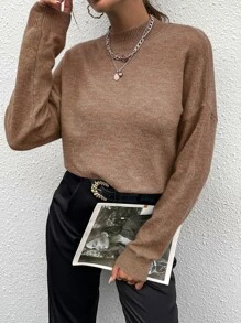 SHEIN Unity Áo len nữ màu trơn Giải trí - Màu Khaki - Xem 3