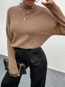 SHEIN Unity Áo len nữ màu trơn Giải trí - Màu Khaki - Xem 4