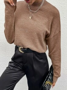 SHEIN Unity Áo len nữ màu trơn Giải trí - Màu Khaki - Xem 5