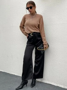 SHEIN Unity Áo len nữ màu trơn Giải trí - Màu Khaki - Xem 6