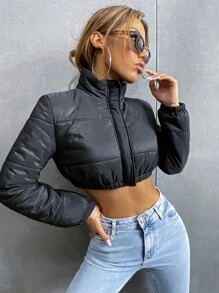 Chaqueta acolchada con cremallera tipo cropped para ropa de invierno - Negro - Ver 1