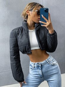 Chaqueta acolchada con cremallera tipo cropped para ropa de invierno - Negro - Ver 3