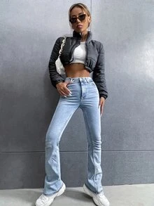 Chaqueta acolchada con cremallera tipo cropped para ropa de invierno - Negro - Ver 5