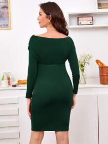 SHEIN Maternidad vestido ajustado cruzado con fruncido de hombros descubiertos - Verde Oscuro - Ver 2