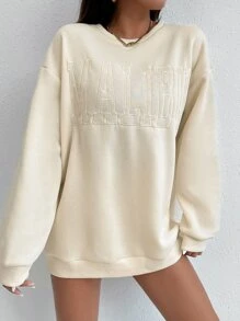 RueChic Sudadera con bordado de letra de hombros caídos - Albaricoque - Ver 4