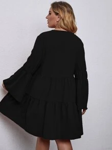 EMERY ROSE 大碼素色傘狀袖荷葉邊下擺洋裝 - 黑色 - 查看 2