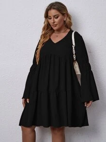 EMERY ROSE 大碼素色傘狀袖荷葉邊下擺洋裝 - 黑色 - 查看 4