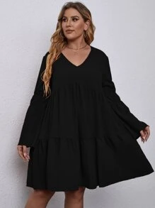 EMERY ROSE 大碼素色傘狀袖荷葉邊下擺洋裝 - 黑色 - 查看 5