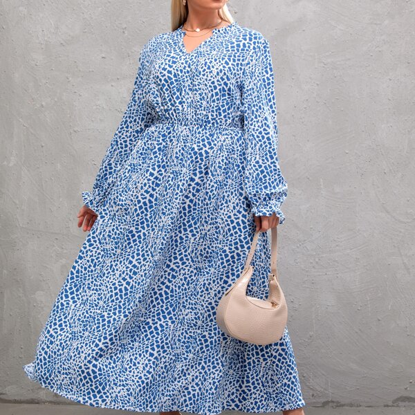 

Plus Allover Print Frill Trim Flounce Sleeve Dress, Blue
