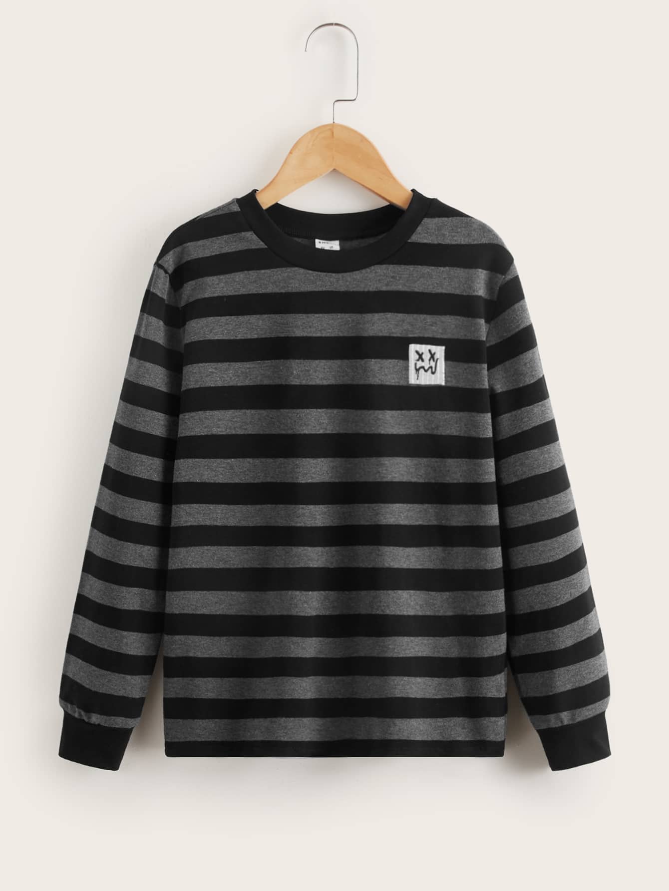 Tween Boy 条纹图案细节 T 恤，简约条纹风格休闲装，适合秋冬季日常装扮 - 黑色 - 查看 1