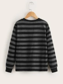 Tween Boy 条纹图案细节 T 恤，简约条纹风格休闲装，适合秋冬季日常装扮 - 黑色 - 查看 2
