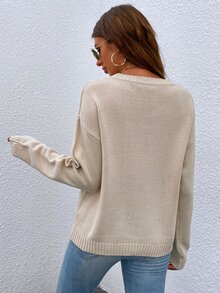 恐龍和幾何圖案落肩袖套頭毛衣 - 卡其色 - 查看 2