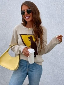 恐龍和幾何圖案落肩袖套頭毛衣 - 卡其色 - 查看 3