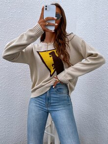 恐龍和幾何圖案落肩袖套頭毛衣 - 卡其色 - 查看 4