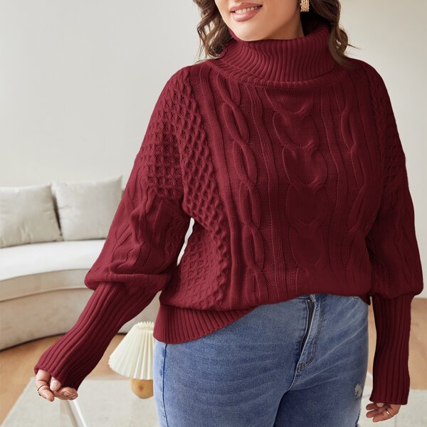

Plus Turtleneck Cable Knit Drop Shoulder Sweater, Burgundy