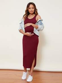 SHEIN Maternidad vestido tejido de cable con abertura lateral - Burdeos - Ver 1