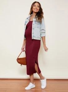 SHEIN Maternidad vestido tejido de cable con abertura lateral - Burdeos - Ver 3
