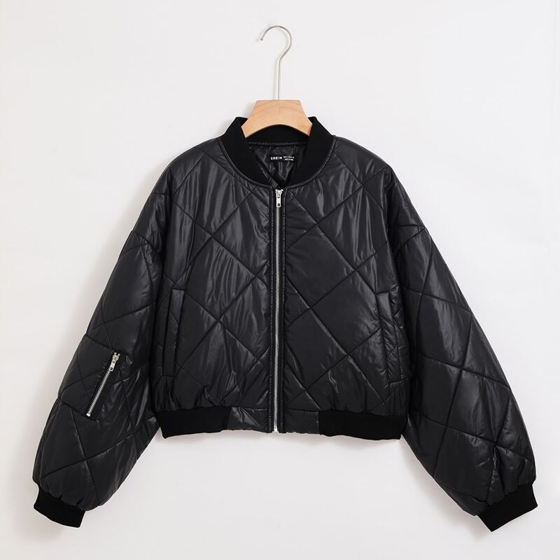 

Drop Shoulder Zip Up Quilted Coat, Black