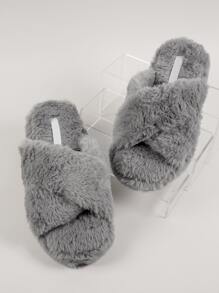 毛絨人造毛皮露趾拖鞋涼鞋 - 灰色 - 查看 2